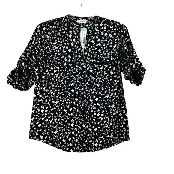 Calvin Klein Womens Blouse S Black White Floral Button Down Top Career Business - Picture 3 of 13